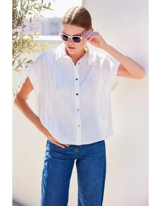 20262 Kısa Kol Çizgili Gömlek - Beyaz