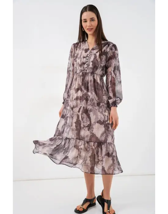 2137 Desenli Şifon Elbise - A.Bej