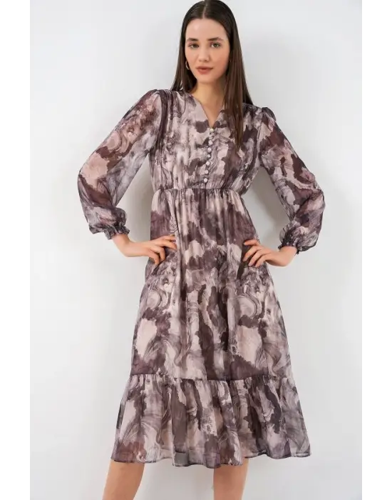 2137 Desenli Şifon Elbise - A.Bej