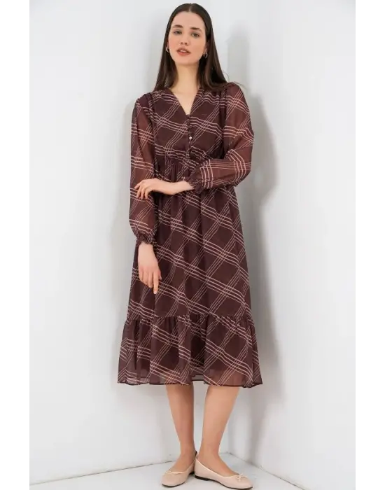 2137 Desenli Şifon Elbise - A.Kahve