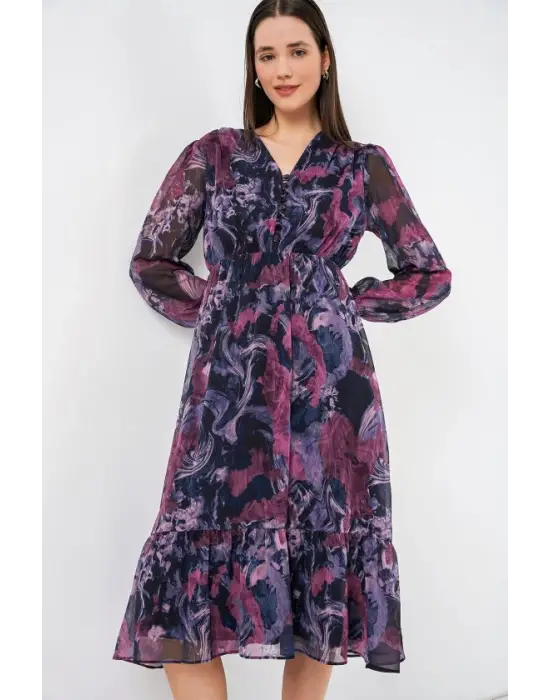 2137 Desenli Şifon Elbise - Koyu Lila