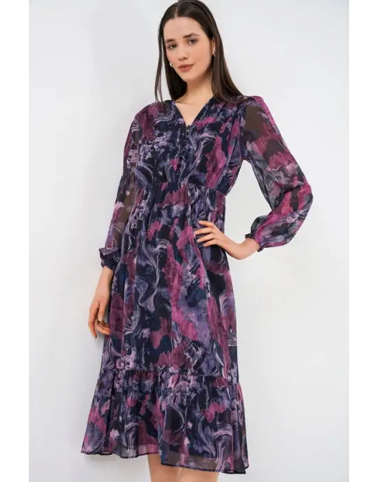 2137 Desenli Şifon Elbise - Koyu Lila