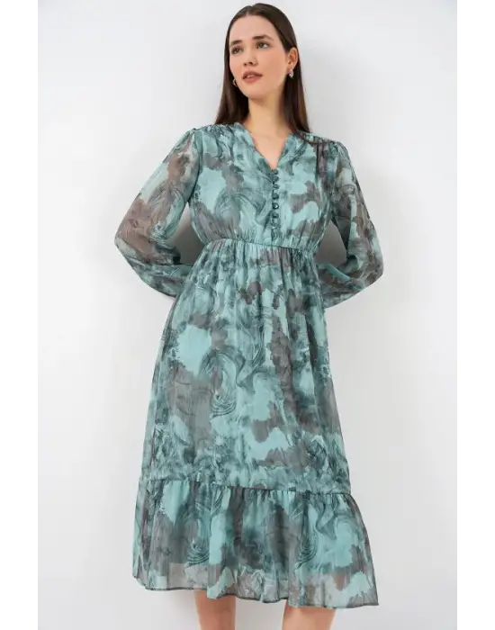 2137 Desenli Şifon Elbise - Mint Yeşili