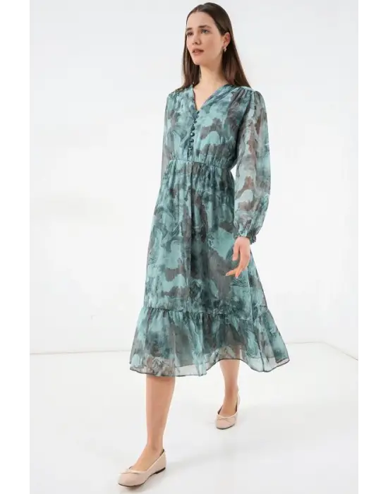 2137 Desenli Şifon Elbise - Mint Yeşili
