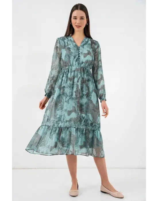 2137 Desenli Şifon Elbise - Mint Yeşili
