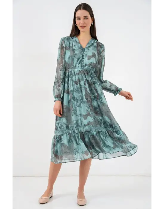 2137 Desenli Şifon Elbise - Mint Yeşili