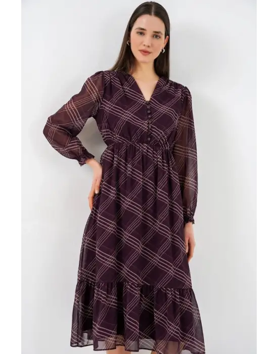 2137 Desenli Şifon Elbise - Mor