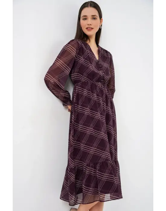 2137 Desenli Şifon Elbise - Mor