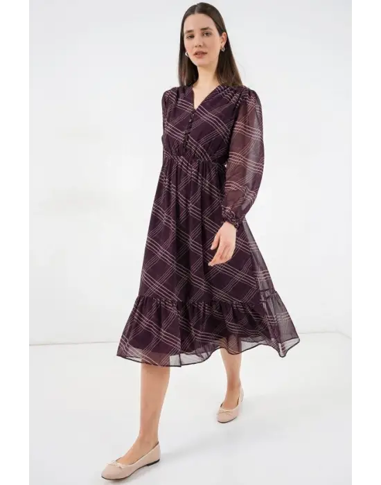 2137 Desenli Şifon Elbise - Mor