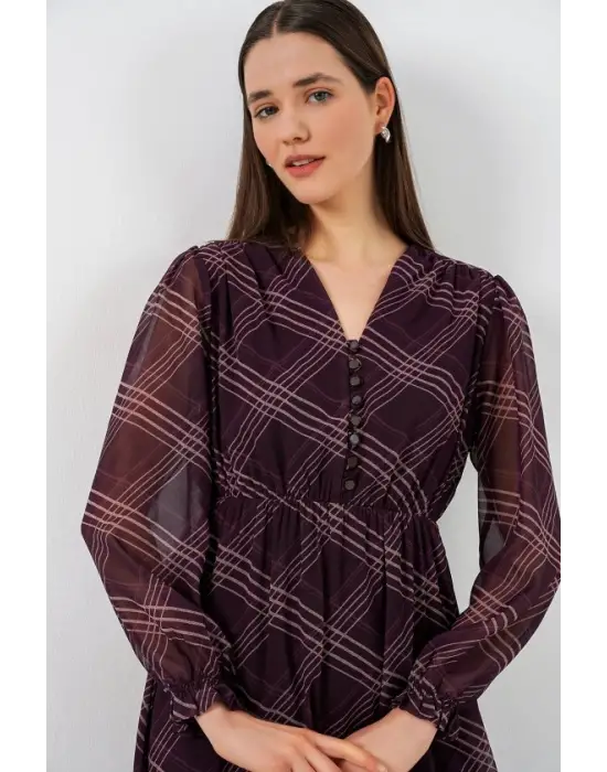 2137 Desenli Şifon Elbise - Mor