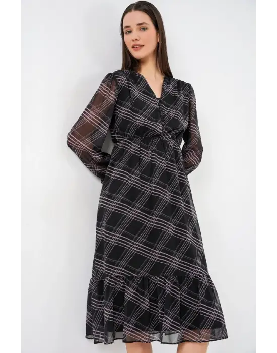 2137 Desenli Şifon Elbise - Siyah1