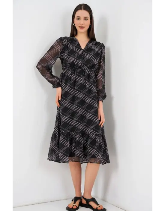 2137 Desenli Şifon Elbise - Siyah1