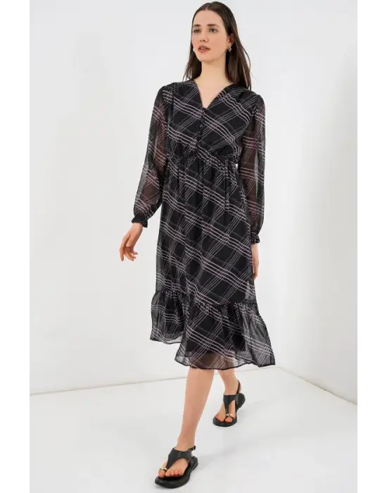 2137 Desenli Şifon Elbise - Siyah1