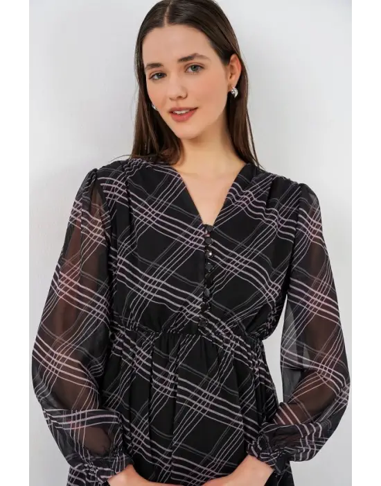 2137 Desenli Şifon Elbise - Siyah1
