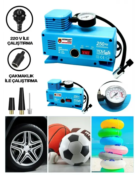 220 Volt-12 Volt 250 Psi Geniş Uygulama Yelpazesi Kompresör Lastik Hava Şişirme Oto Pompası
