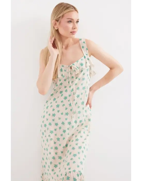 2237 Desenli Askılı Viskon Elbise - Çağla