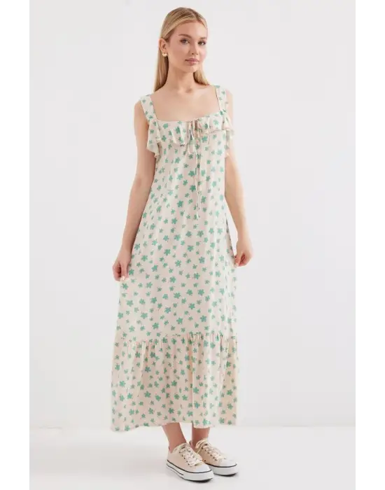 2237 Desenli Askılı Viskon Elbise - Çağla