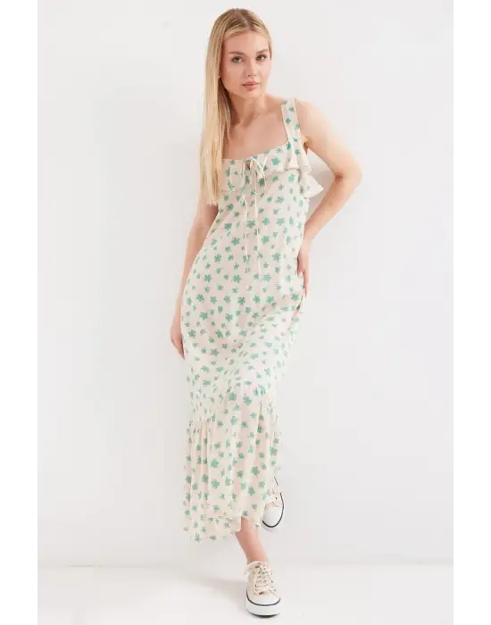 2237 Desenli Askılı Viskon Elbise - Çağla