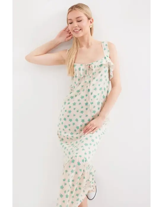 2237 Desenli Askılı Viskon Elbise - Çağla