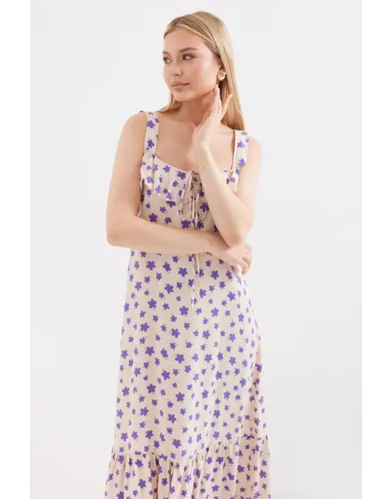 2237 Desenli Askılı Viskon Elbise - Lila