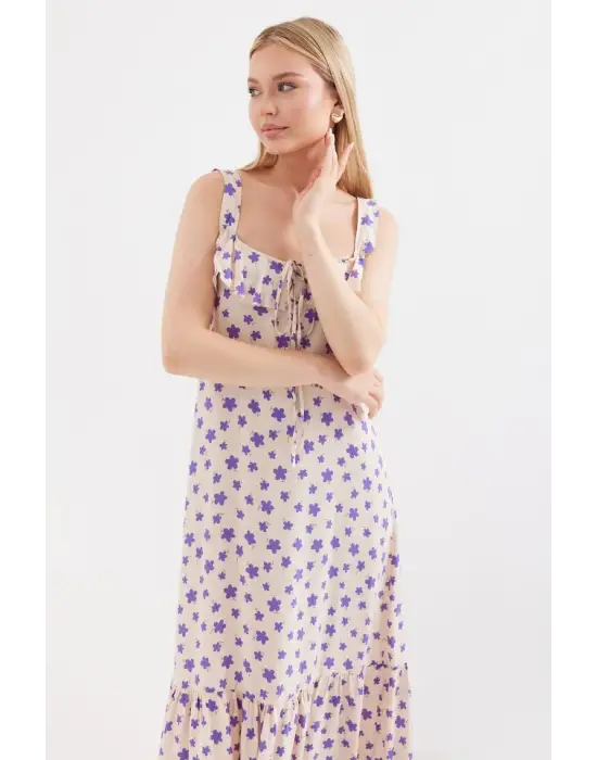 2237 Desenli Askılı Viskon Elbise - Lila