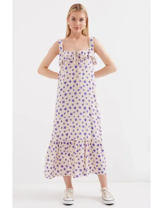 2237 Desenli Askılı Viskon Elbise - Lila