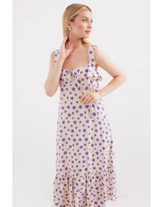 2237 Desenli Askılı Viskon Elbise - Lila