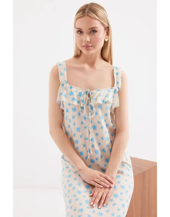 2237 Desenli Askılı Viskon Elbise - Mavi