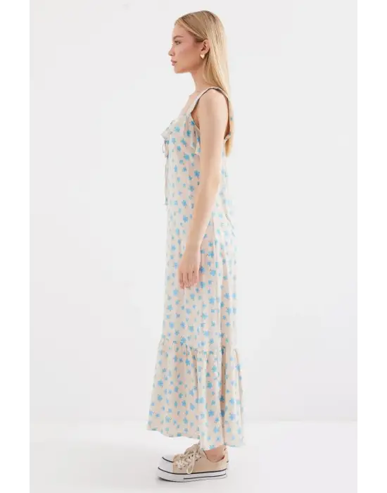 2237 Desenli Askılı Viskon Elbise - Mavi