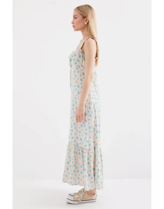 2237 Desenli Askılı Viskon Elbise - Mavi