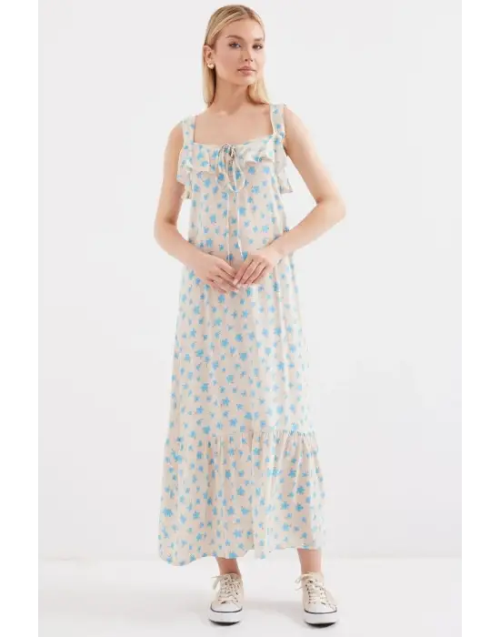 2237 Desenli Askılı Viskon Elbise - Mavi