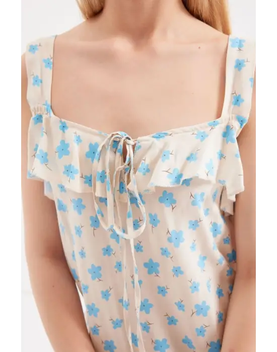 2237 Desenli Askılı Viskon Elbise - Mavi