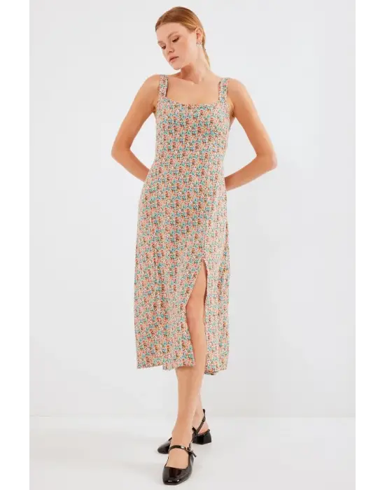 2282 Yırtmaçlı Askılı Viskon Elbise - Çok Renkli