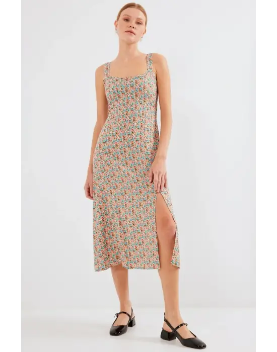 2282 Yırtmaçlı Askılı Viskon Elbise - Çok Renkli