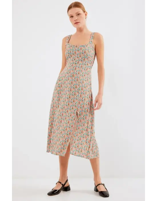 2282 Yırtmaçlı Askılı Viskon Elbise - Çok Renkli