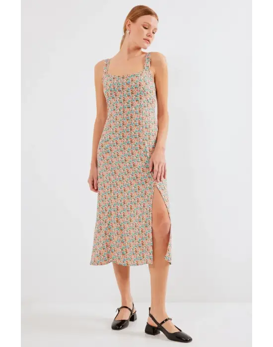 2282 Yırtmaçlı Askılı Viskon Elbise - Çok Renkli