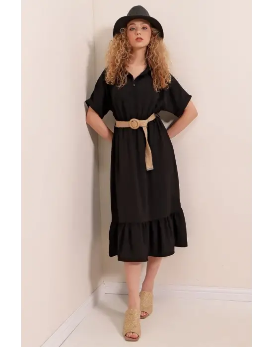 2292 Kemerli Elbise - Siyah