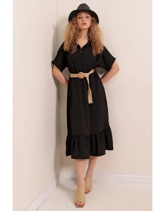 2292 Kemerli Elbise - Siyah