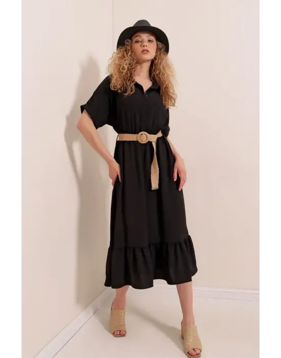 2292 Kemerli Elbise - Siyah