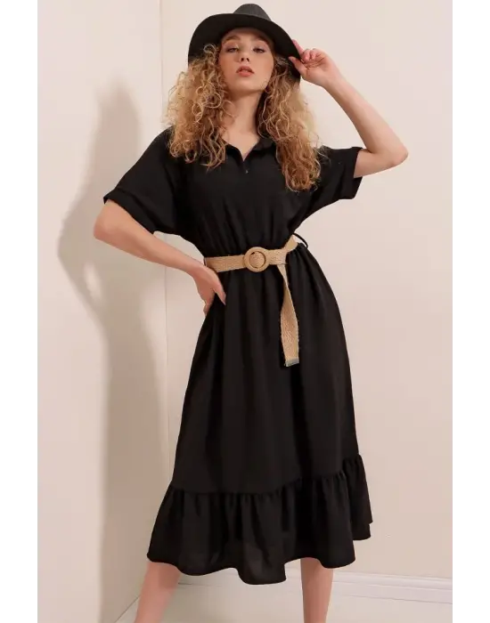 2292 Kemerli Elbise - Siyah