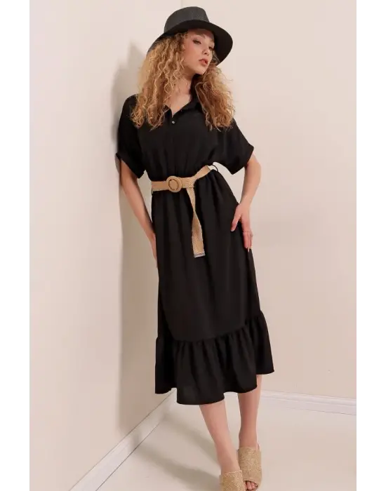 2292 Kemerli Elbise - Siyah