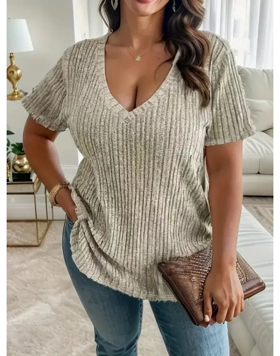 22Kadın Kısa Kollu V Yaka Fitilli Kaşkorse Bluz