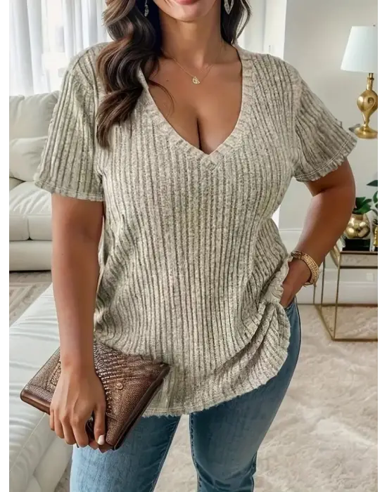 22Kadın Kısa Kollu V Yaka Fitilli Kaşkorse Bluz