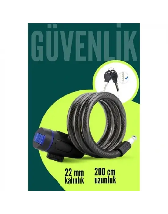 22mm Çelik Halatlı Bisiklet Kilidi - 200cm Anahtarlı Scoooter Motosiklet Kilidi
