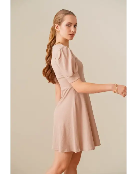 2339 Kare Yaka Örme Elbise - Bisküvi