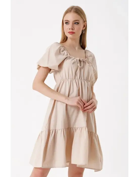2351 Kloş Poplin Elbise - Bej