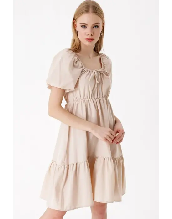 2351 Kloş Poplin Elbise - Bej