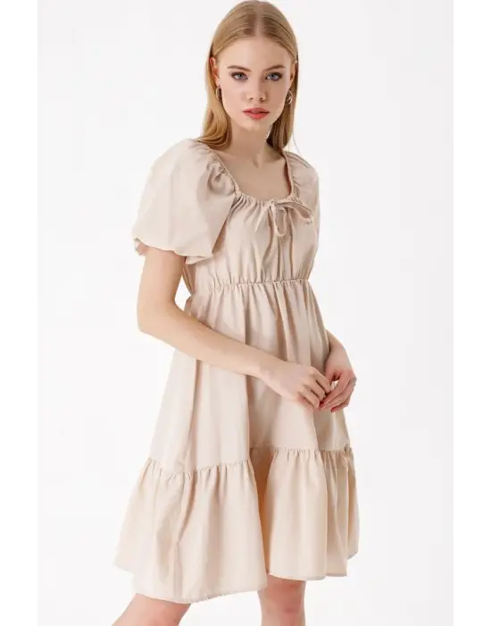2351 Kloş Poplin Elbise - Bej