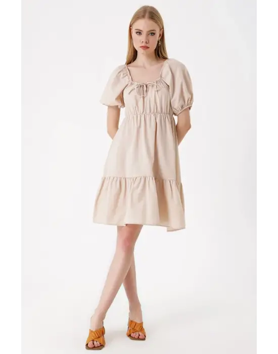 2351 Kloş Poplin Elbise - Bej