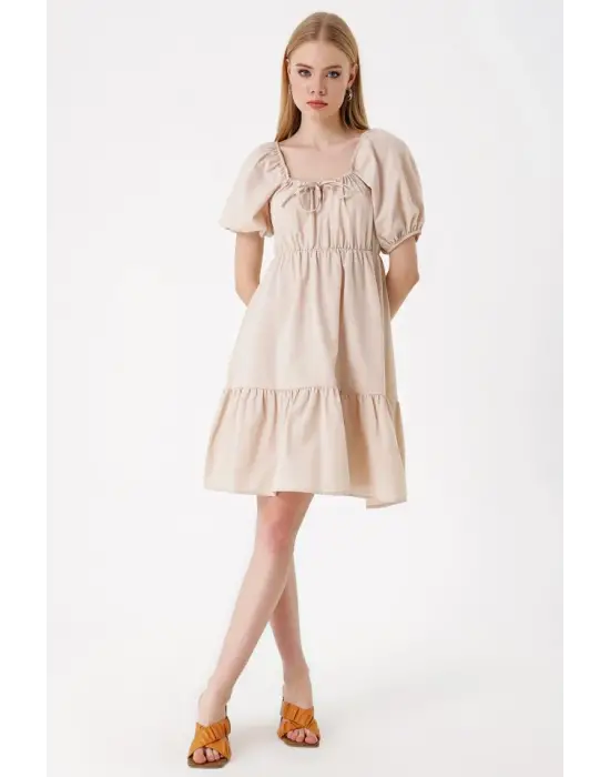 2351 Kloş Poplin Elbise - Bej